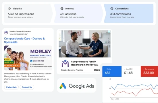 Google Ads results for Morley General Practice: impressions, clicks and conversions, with examples of the search ads