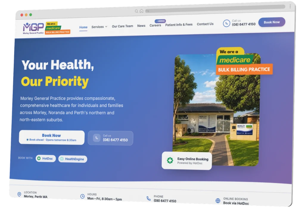 Morley General Practice website homepage on desktop, designed and built by Sourcewise