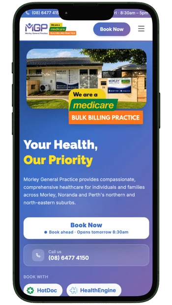 Morley General Practice website on a phone, designed and built by Sourcewise
