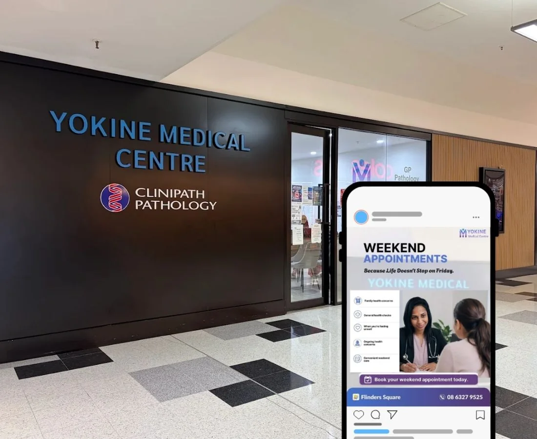 Yokine Medical Centre entrance, with a Sourcewise social media post for the clinic