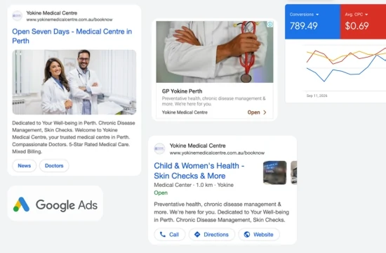 Google Ads results for Yokine Medical Centre: impressions, clicks and conversions, with examples of the search ads